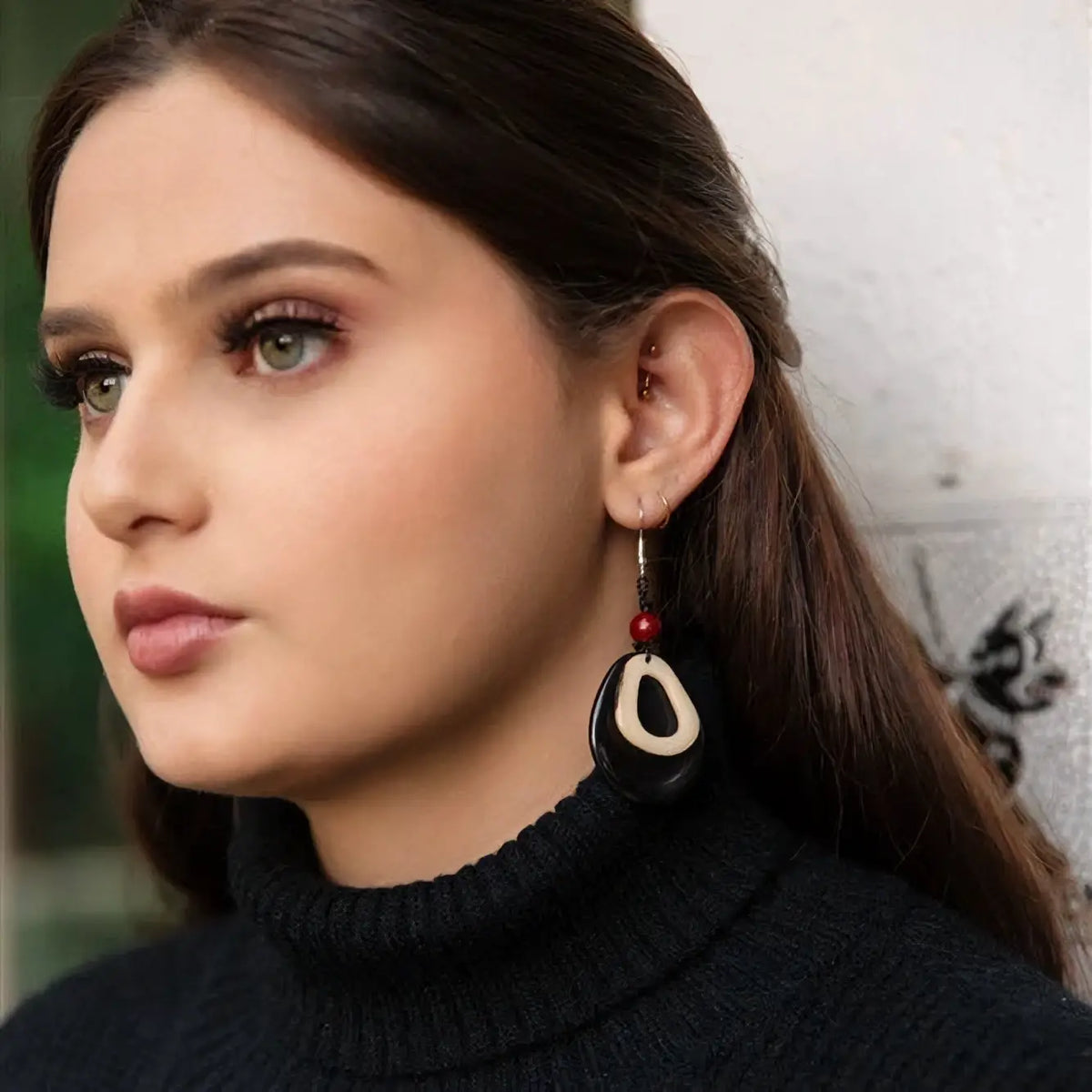 Solange earrings black and cream oval drop earrings with red acai berries bead accent for stylish everyday wear