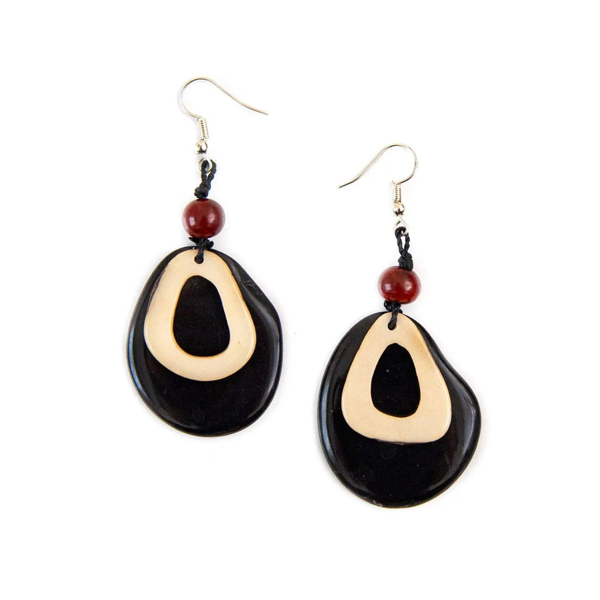 Solange earrings black and cream teardrop shape with central cutout red beads silver hooks inspired by acai berries