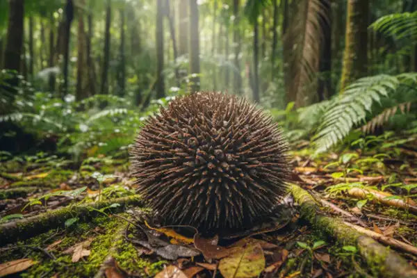 A spiky, brown durian fruit rests on moss-covered forest floor.