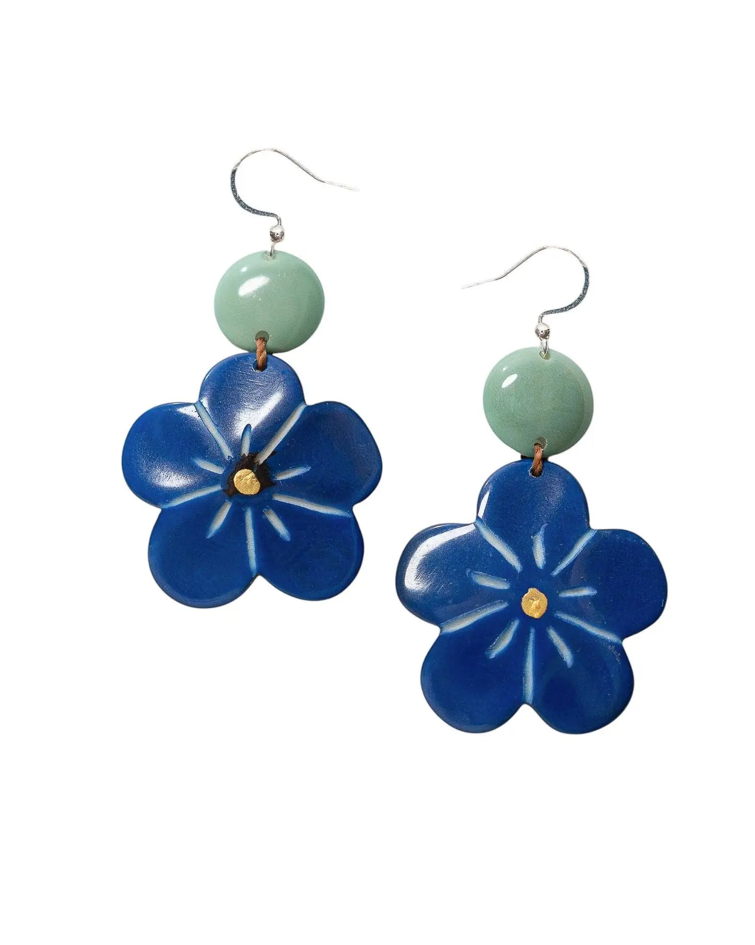 Carved Flower out of Tagua Nut Earrings Red and Blue Stephanie Earrings
