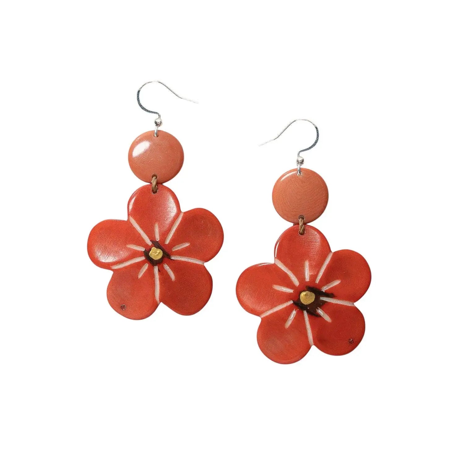 Carved Flower out of Tagua Nut Earrings Red and Blue Stephanie Earrings