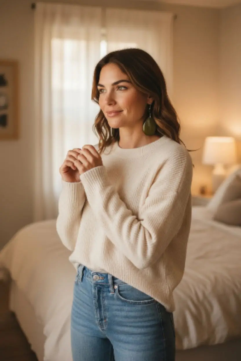 Cream-colored soft-knit long-sleeve sweater with relaxed fit paired with stunning olive green natural unique grain earrings