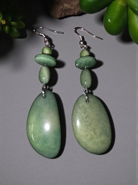 Elegant stunning sage story cut tagua earrings with polished green jade drops and layered matching beads
