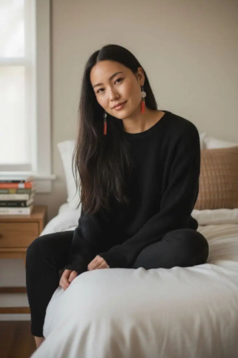 Black long-sleeved knit sweater paired with sun and moon amulet bead and peach melon tagua handmade small baguette earrings