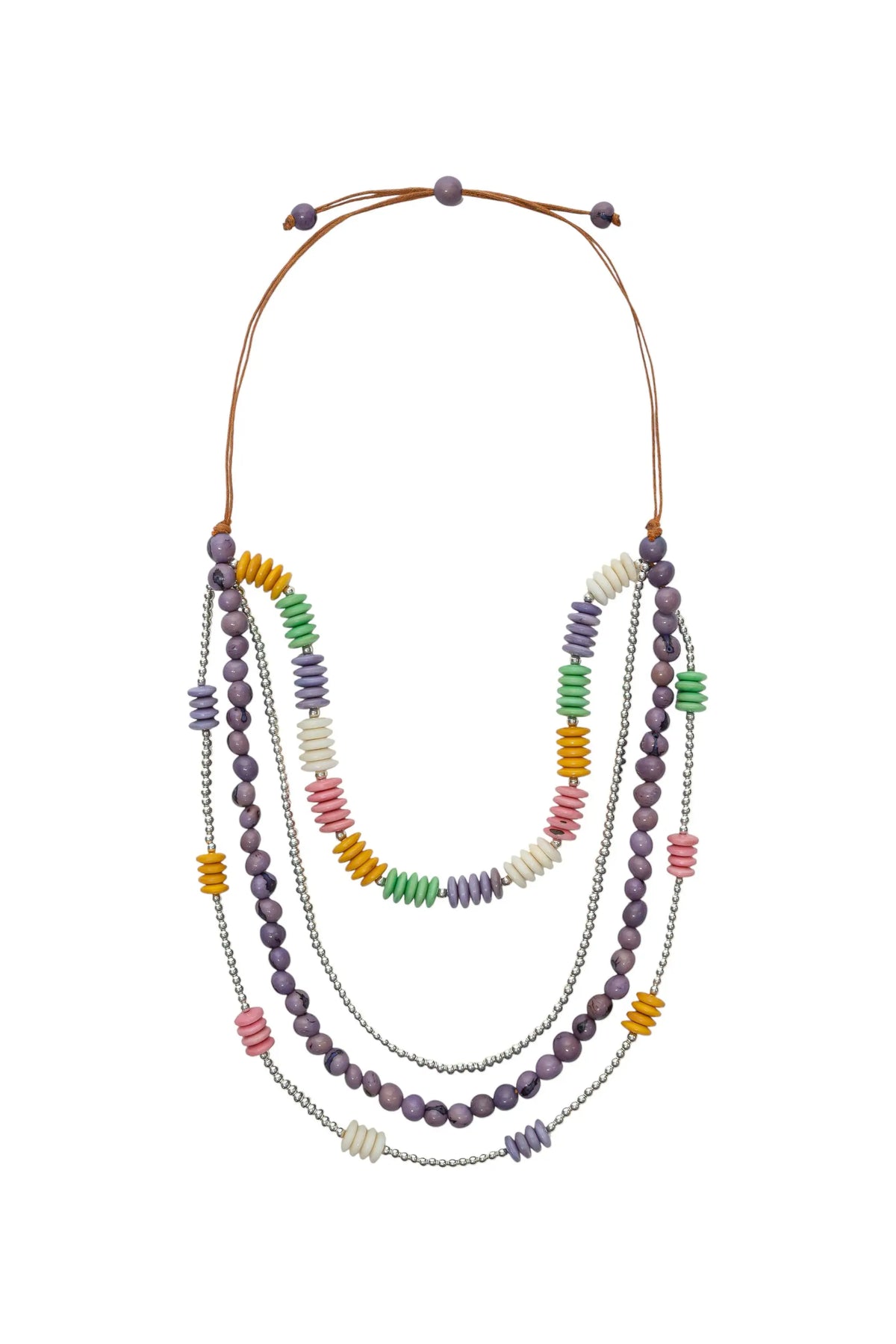 Sunny necklace multi-strand beaded with purple pink green yellow antique beads and brown leather cord closure