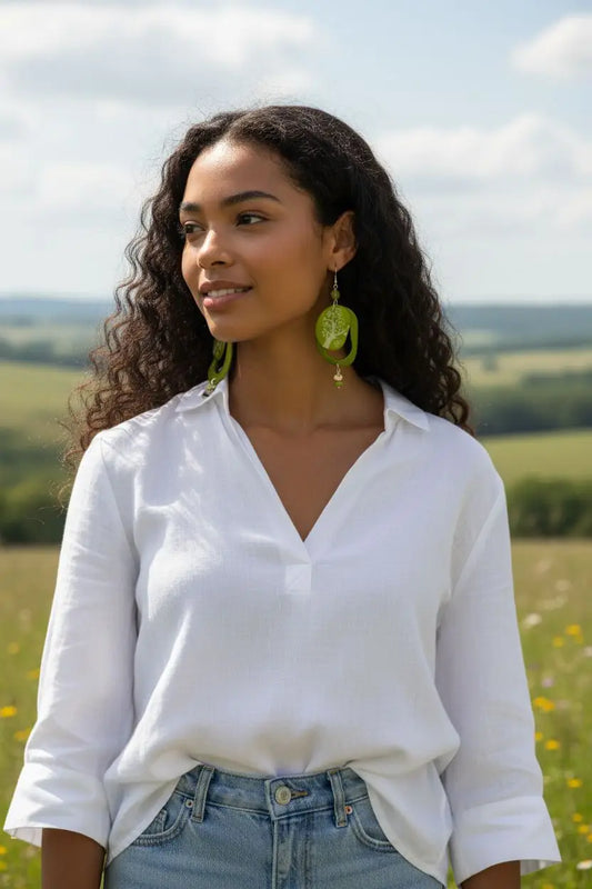 Sweet Swirly Trees and Hoops tagua earrings bright lime green circular textured with dangling gold toned accents