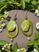 Sweet swirly trees and hoops tagua earrings lime green tree of life pendant with glossy finish and silver hooks
