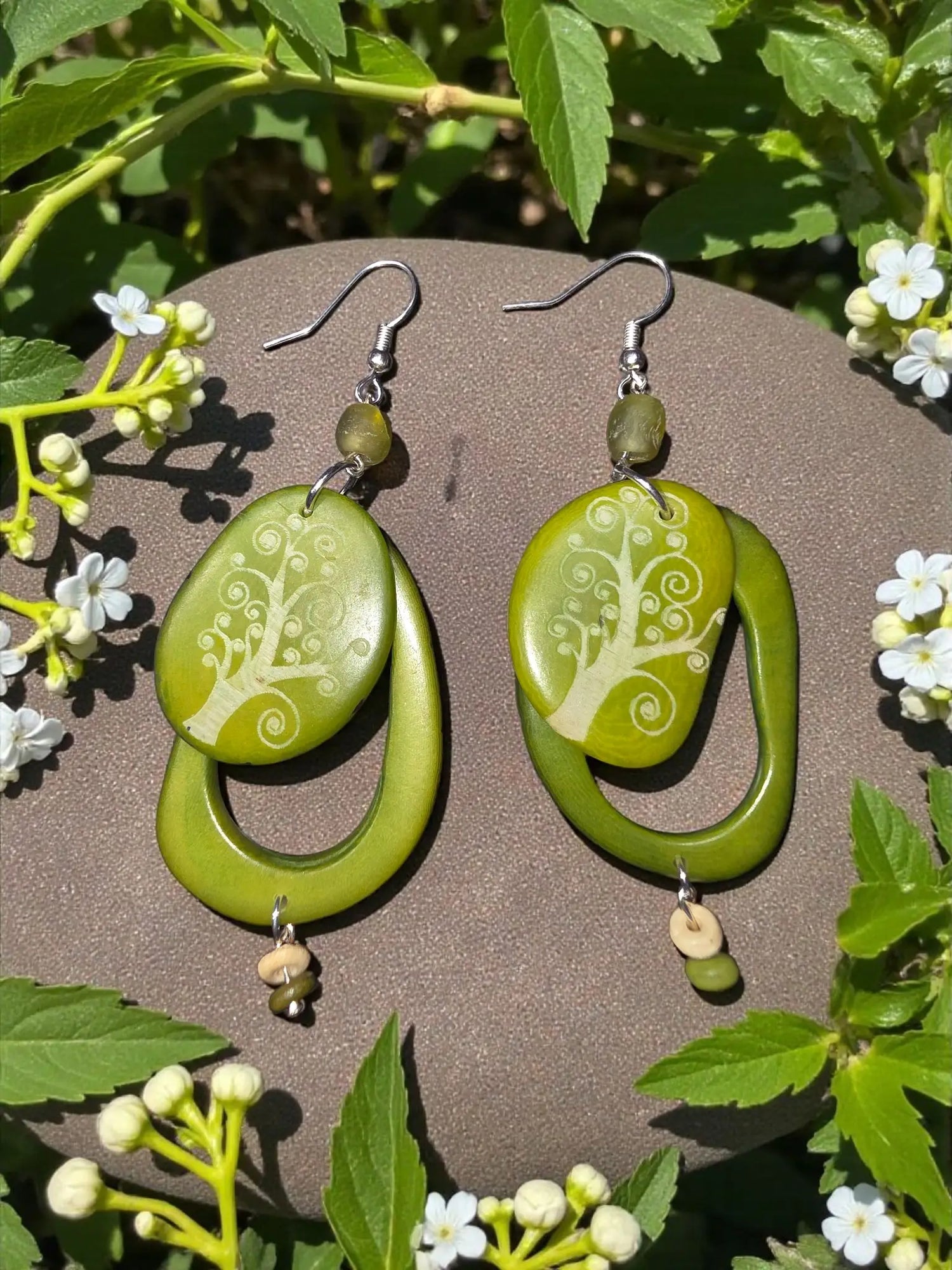 Sweet swirly trees and hoops tagua earrings lime green tree of life pendant with glossy finish and silver hooks