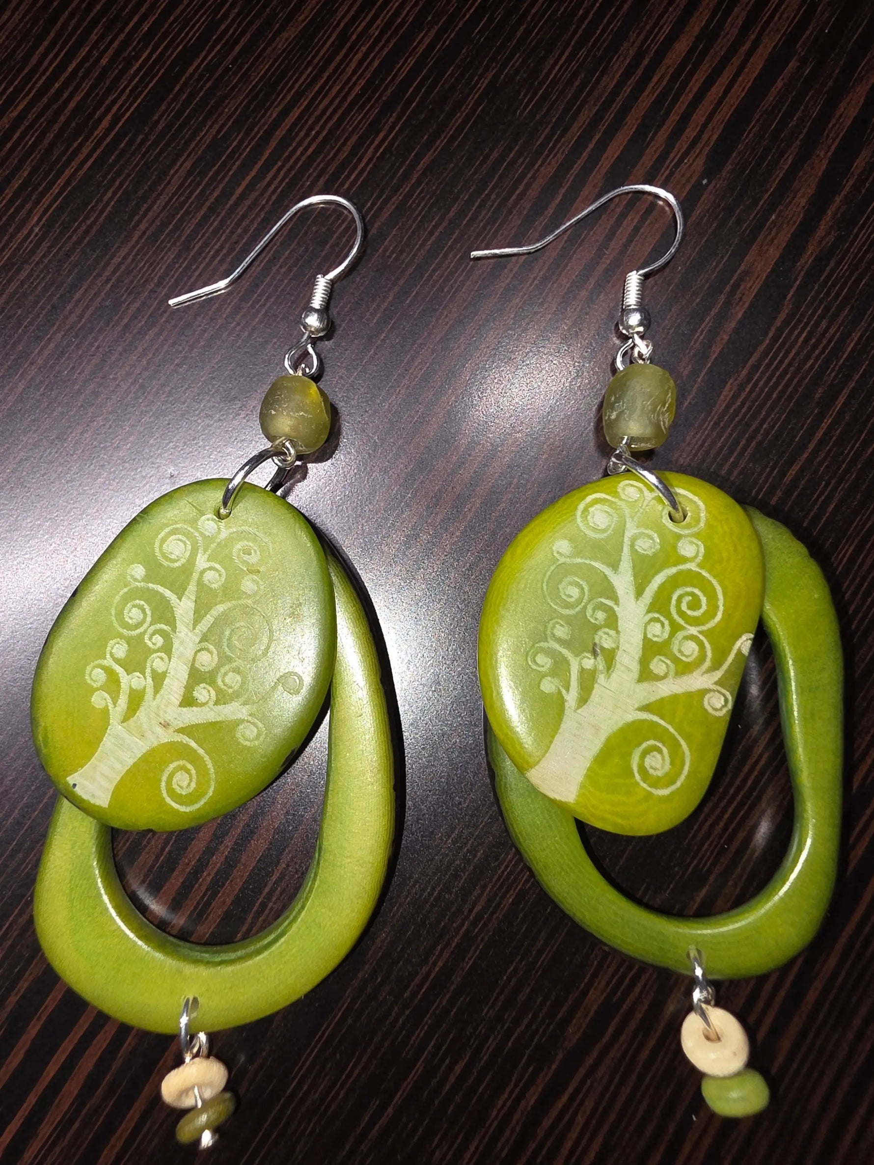 Sweet swirly trees and hoops tagua earrings lime green tree of life pendant with glossy resin finish and silver hooks