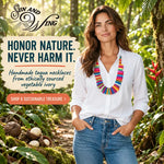 A vibrant handmade rainbow tagua nut necklace made from ethically sourced vegetable ivory perfect vegan jewelry