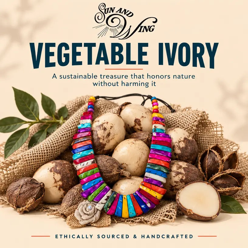 A vibrant handmade rainbow tagua nut necklace with a floral pendant on earthy vegetable ivory beads vegan jewelry