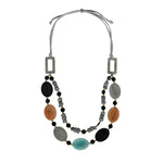 Tagua nut double strand adjustable necklace with oval black gray earthy beads and silver toned rectangular clasp