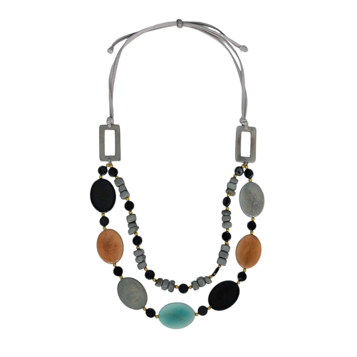 Tagua nut double strand adjustable necklace with oval black gray earthy beads and silver toned rectangular clasp