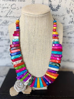 Vibrant multicolored tagua nut necklace with rectangular shell beads and a burlap rose pendant statement nut necklace