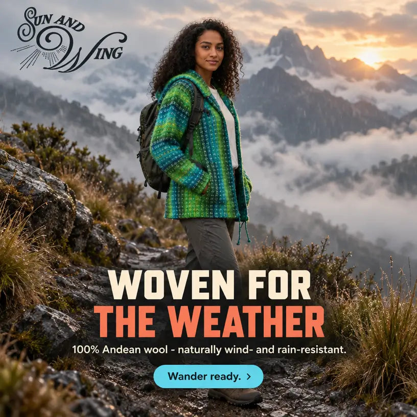 The otavalo heritage wool cardigan green is a vibrant boho hoodie cardigan made from sheep’s wool inspired by textile tradition