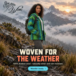 The otavalo heritage wool cardigan green is a vibrant boho hoodie cardigan made from sheep’s wool inspired by textile tradition