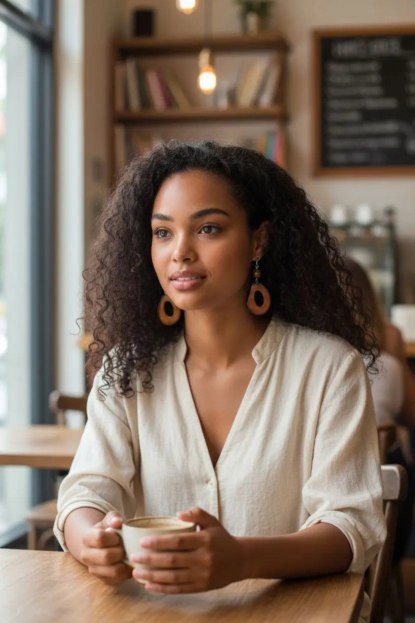 A woman with curly dark hair wearing a cream blouse and thick hoop rich brown dangle ceramic earrings holding a cup