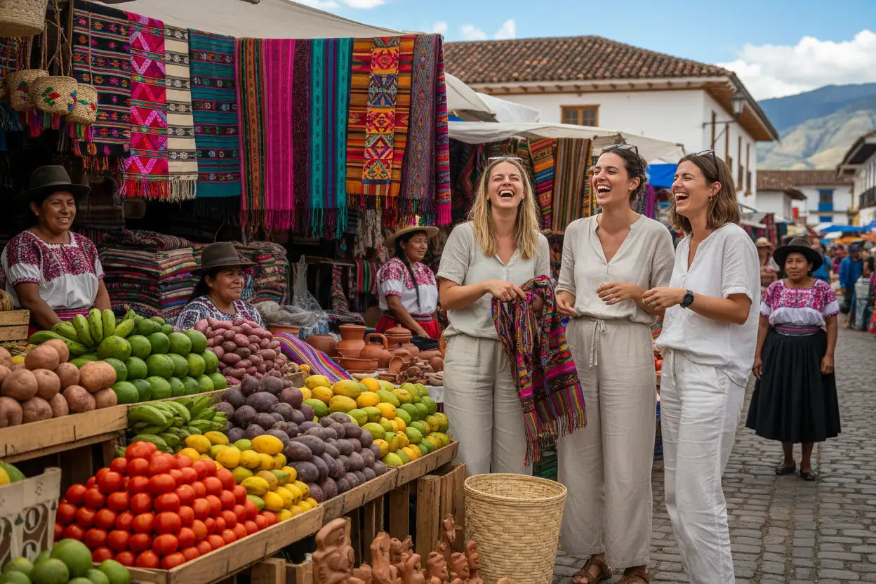 Three women in light-colored clothing walk through a vibrant outdoor market, laughing as they browse colorful textiles and fresh produce.