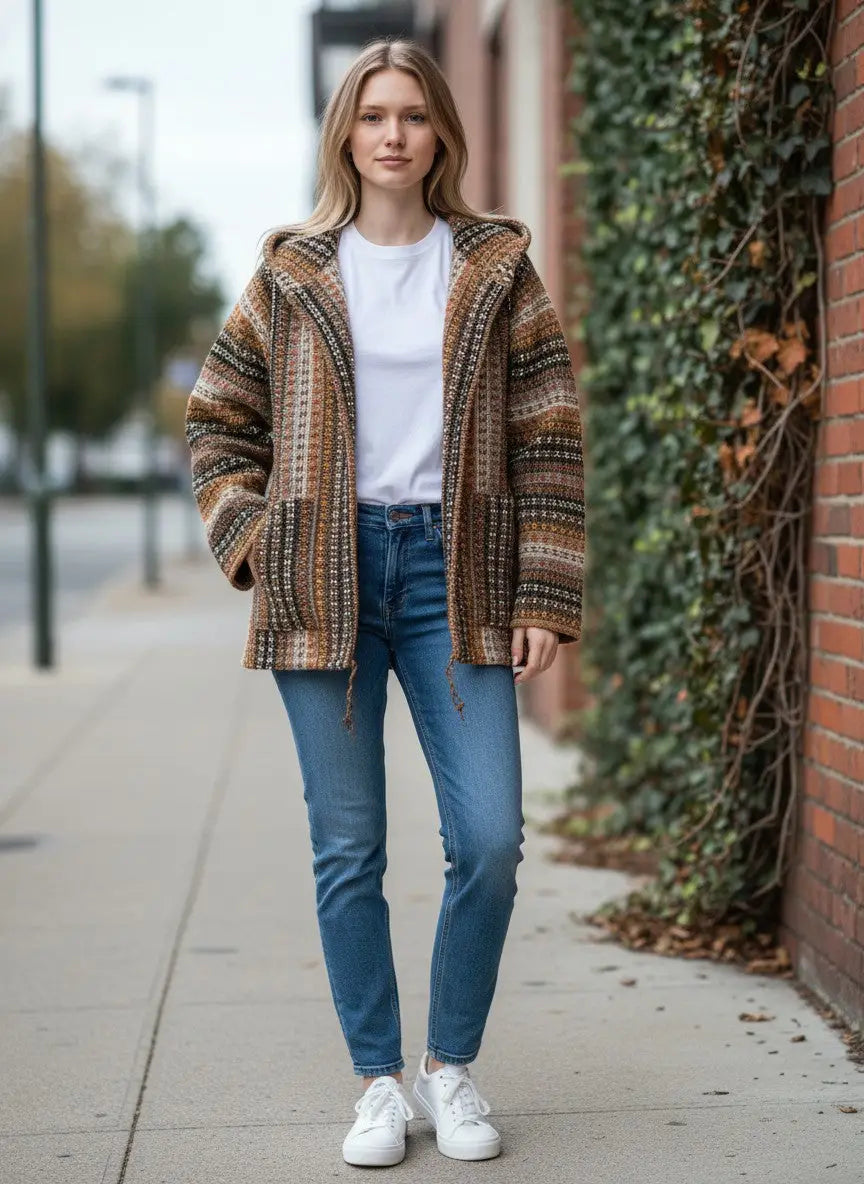 Cozy oversized hand-knitted Andean sheep wool hoodie cardigan in tobacco brown beige with zip front and pockets