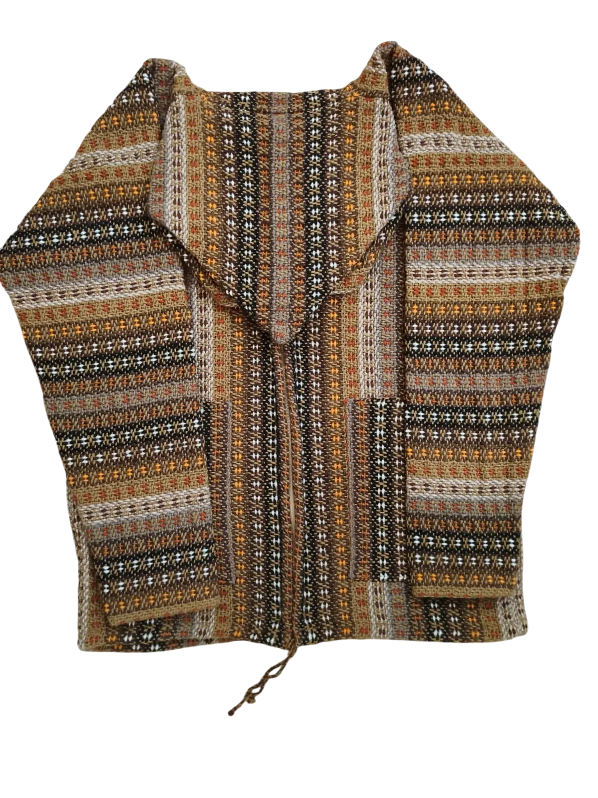 Tobacco brown beige hand-knitted hoodie cardigan with zip front and pockets made from 100% andean sheep’s wool