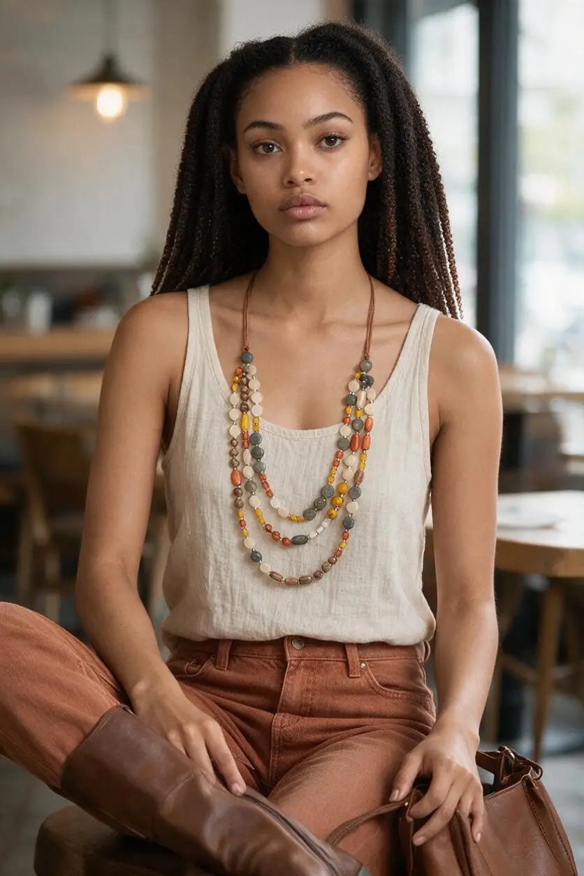 Layered statement necklace with tagua nut beads and cotton cord in earthy tones with varied textures