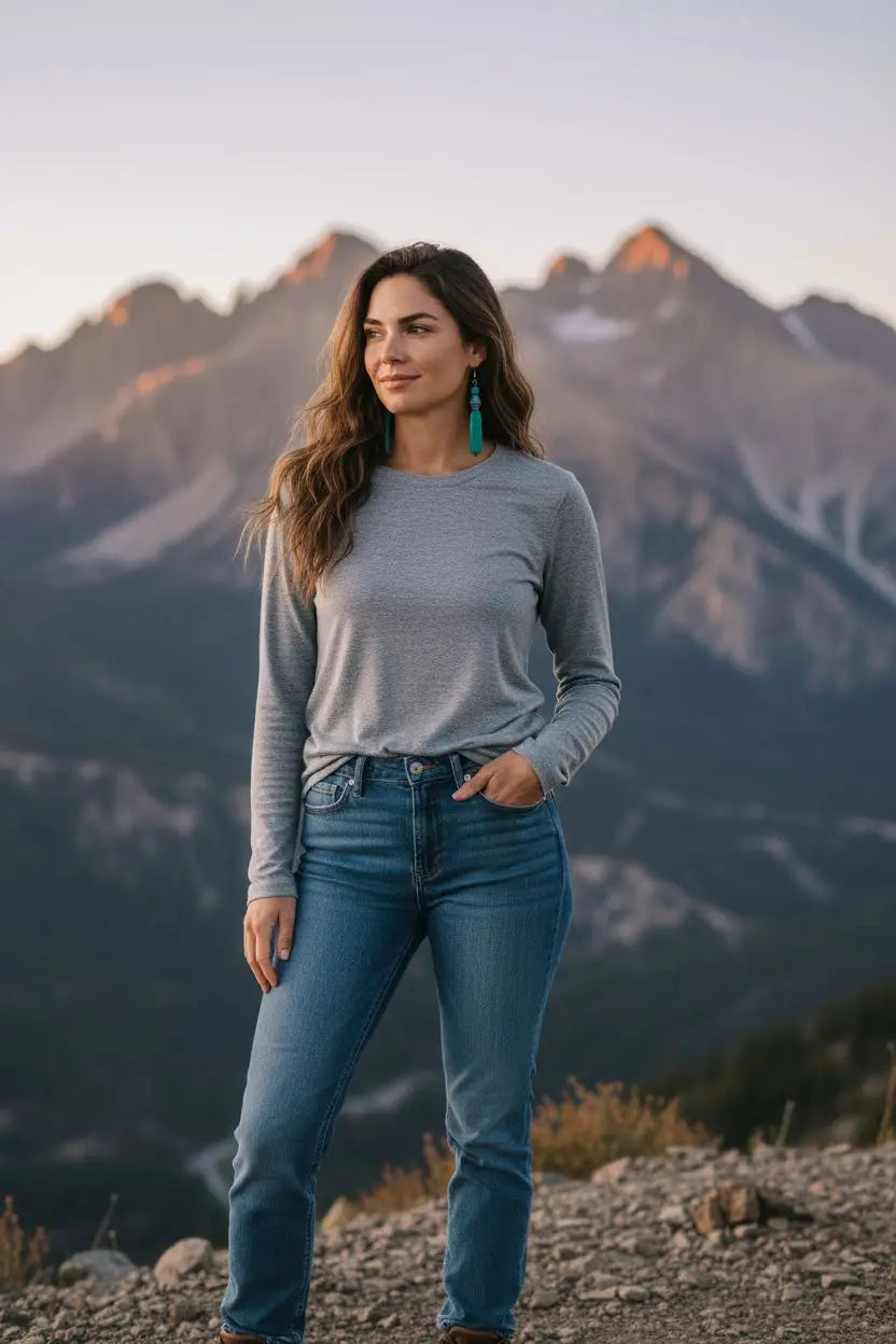 A woman wearing a soft gray top and blue jeans models turquoise colored tagua hand tied baguette earrings