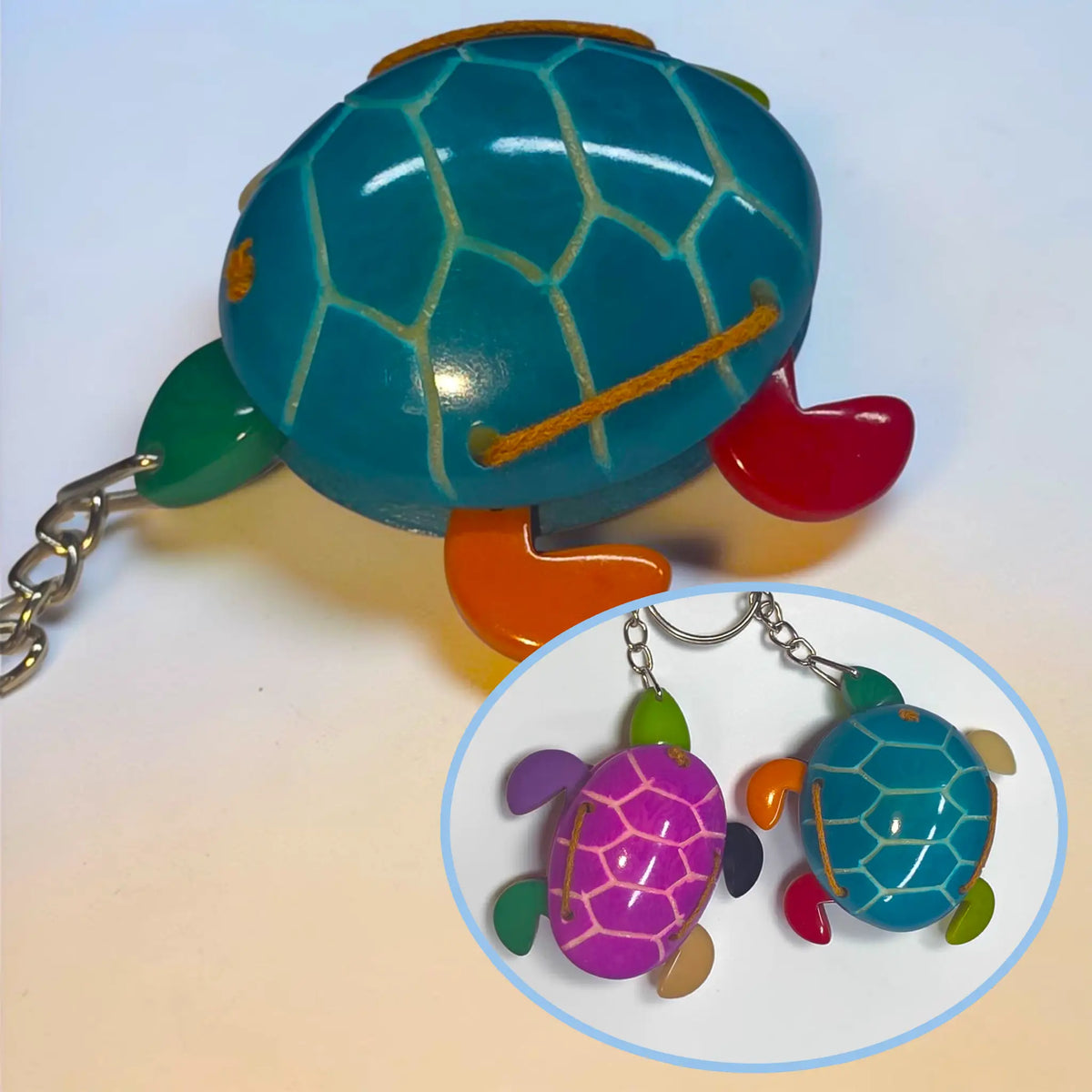 Vibrant turquoise hand-carved tagua animal keychain shaped like a sea turtle with colorful limbs and glossy shell design