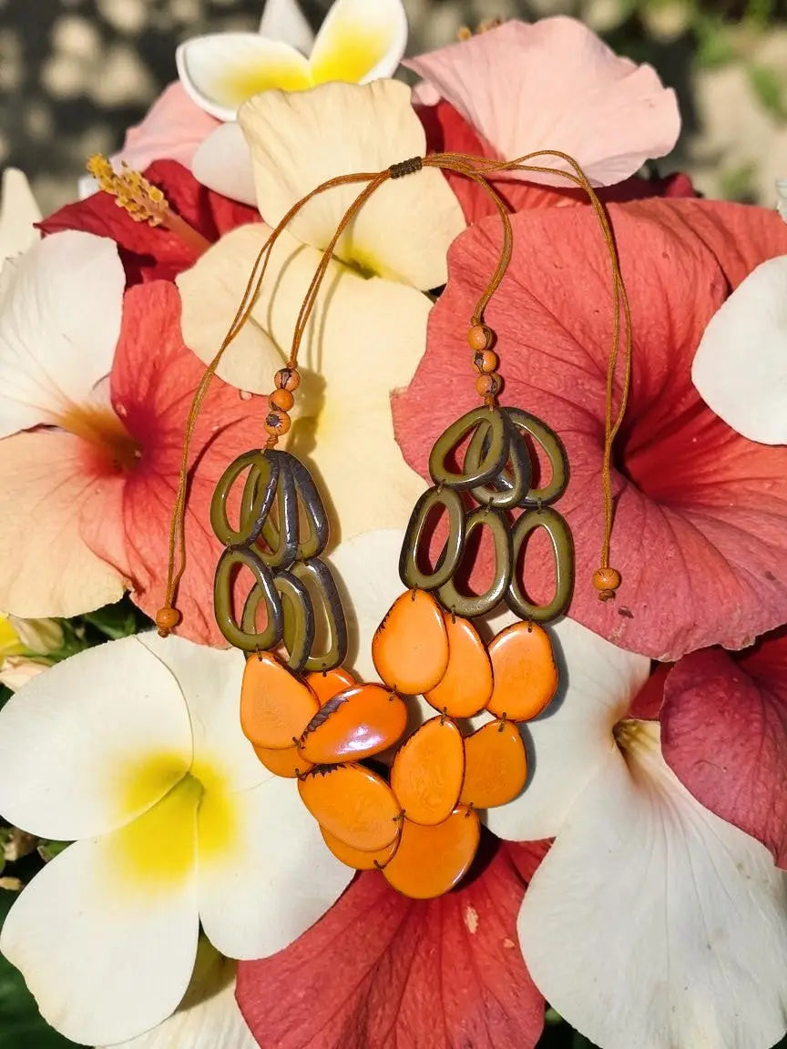 Orange and olive-green layered tagua nut necklace with loop accents and braided cord by remy