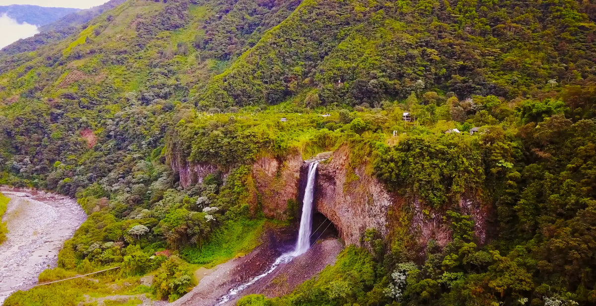 A cascading waterfall flows down a rugged cliff face, surrounded by lush green vegetation and dense forest.