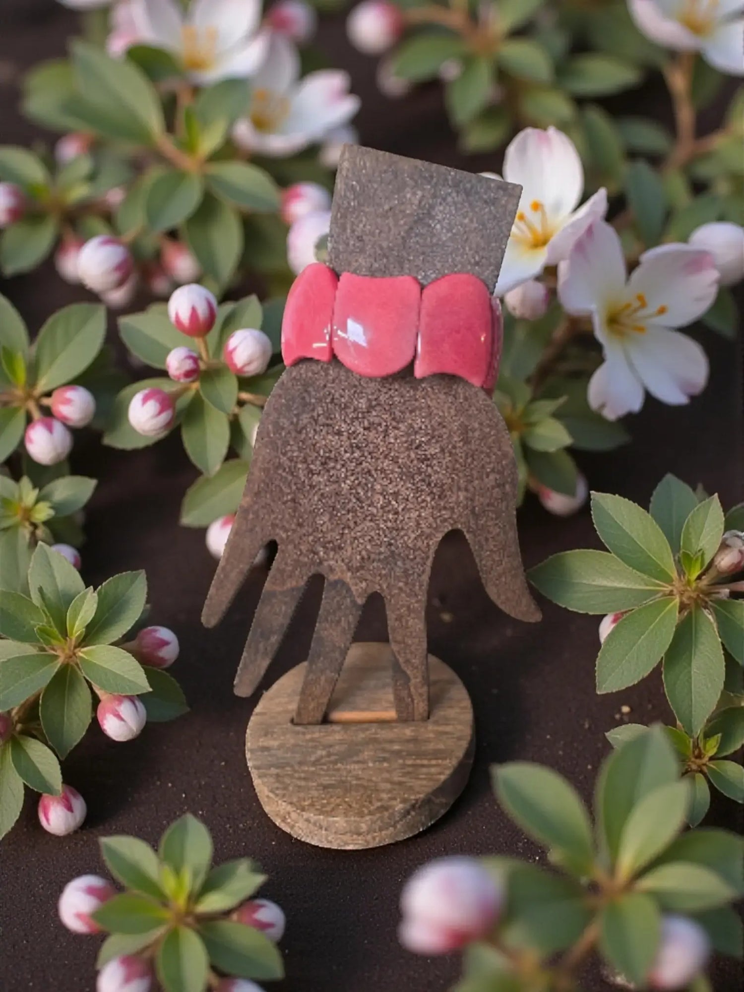 A rustic hand-shaped sculpture with dark brown metal and vibrant pink enamel teeth featured in forest seed bracelets
