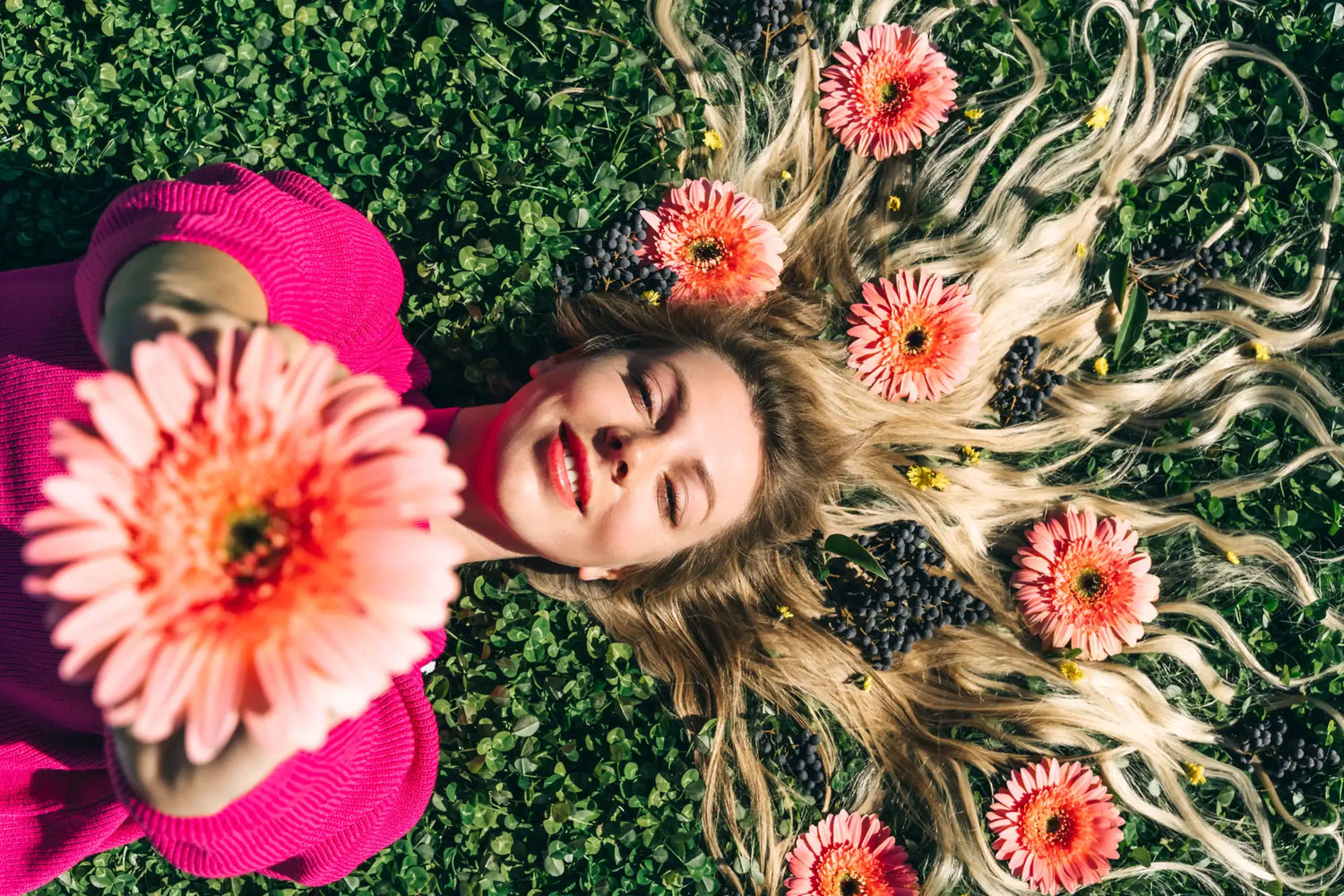 A woman in a vibrant pink knit sweater lies on green grass, holding a large peach-colored gerbera daisy close to her face.