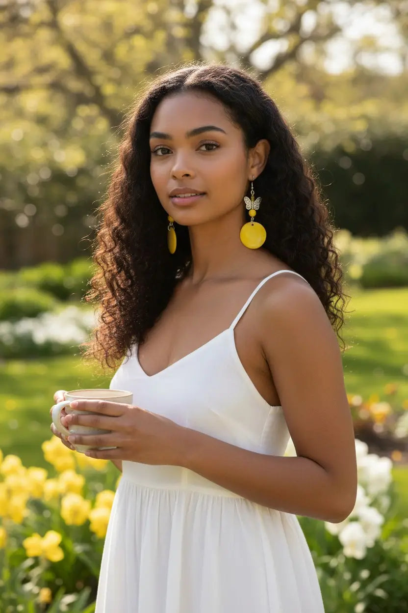 Yellow butterfly-shaped vegetable ivory eco-friendly earrings with round yellow pendant from misty collection handmade in USA