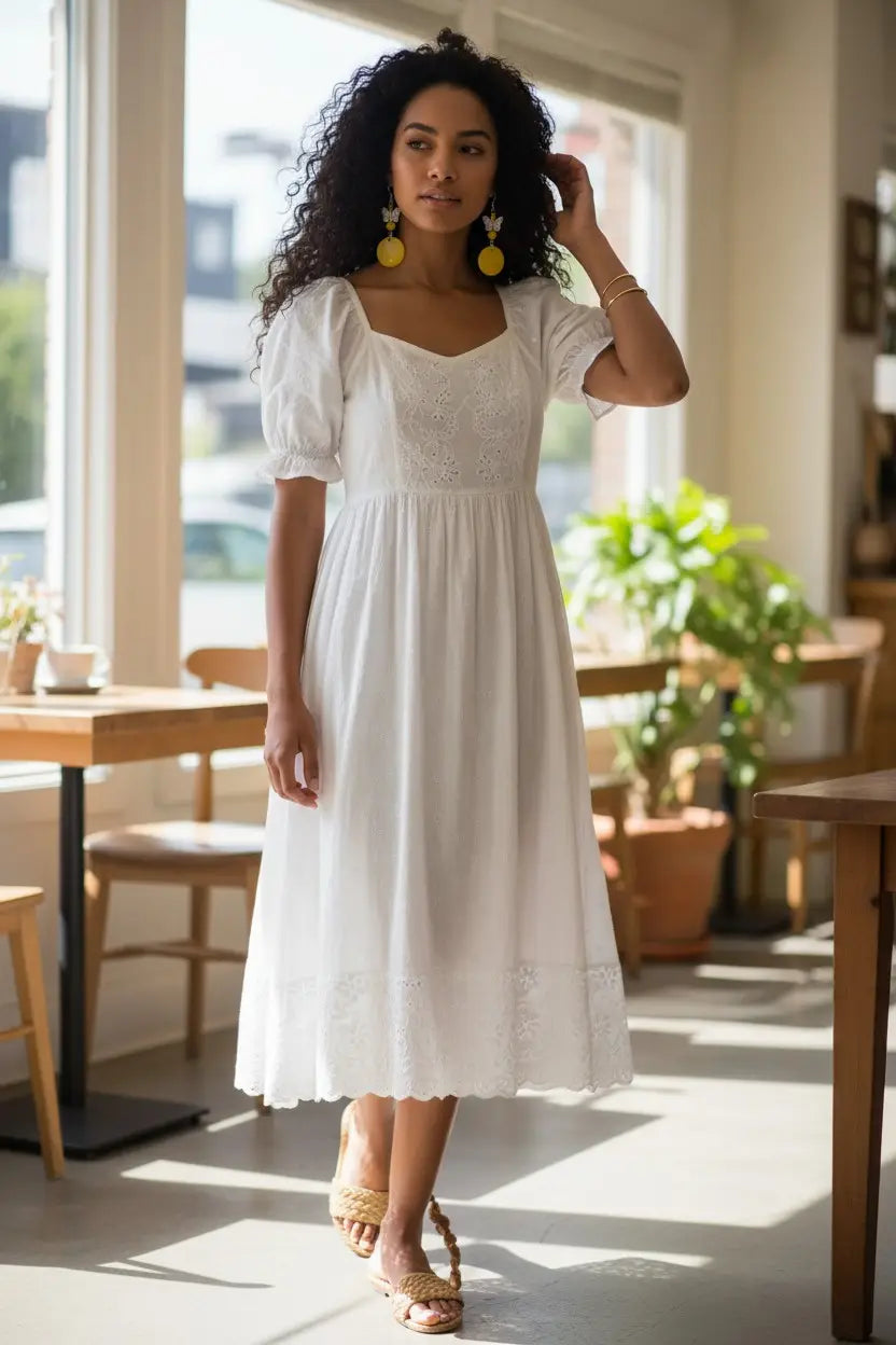 White embroidered cotton midi dress with puffed sleeves and square neckline shown with yellow misty collection eco-friendly earrings