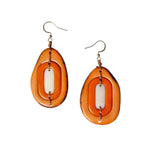 Orange and white layered oval yoli earrings with rustic handcrafted tagua nut design in celeste ivory colors