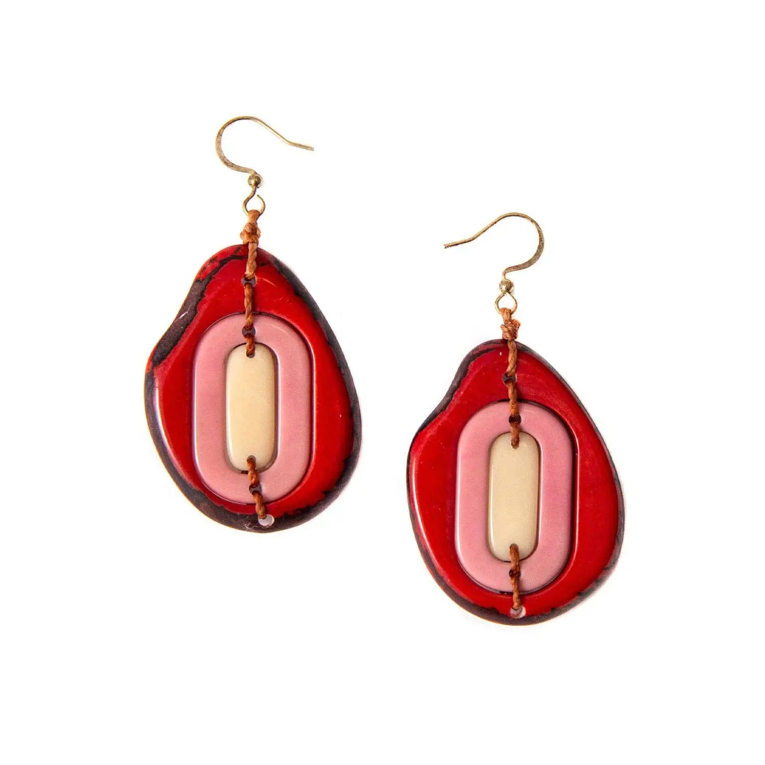 Yoli earrings with red and pink layered resin and beige tagua nut center on gold-toned hooks celeste ivory design