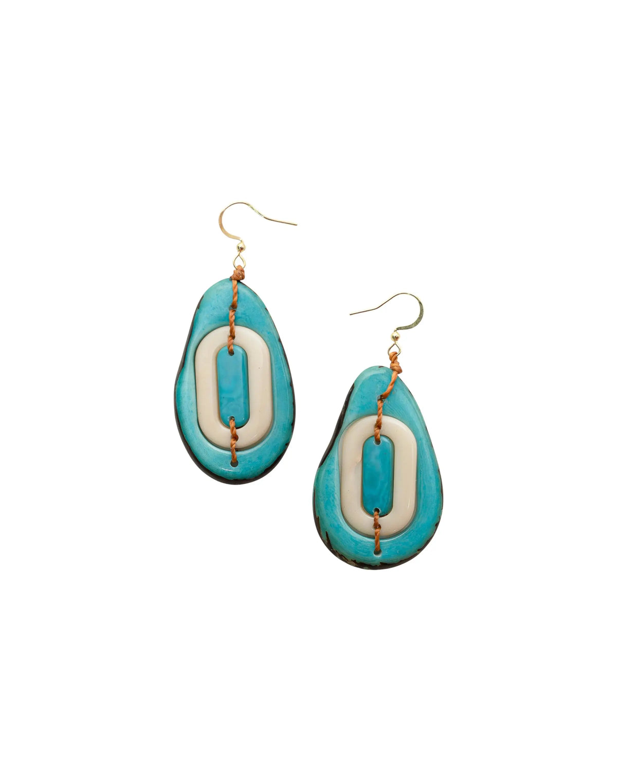Yoli earrings celeste ivory turquoise and white tagua nut oval earrings with glossy finish and gold toned hooks