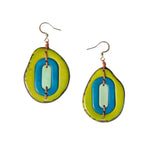 Vibrant lime green and blue layered oval yoli earrings with a rustic handcrafted tagua nut finish