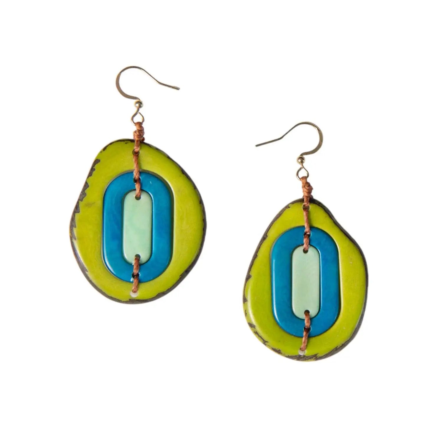 Vibrant lime green and blue layered oval yoli earrings with a rustic handcrafted tagua nut finish