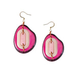 Vibrant pink and cream layered tagua nut yoli earrings with dark border and gold-toned hooks celeste ivory design