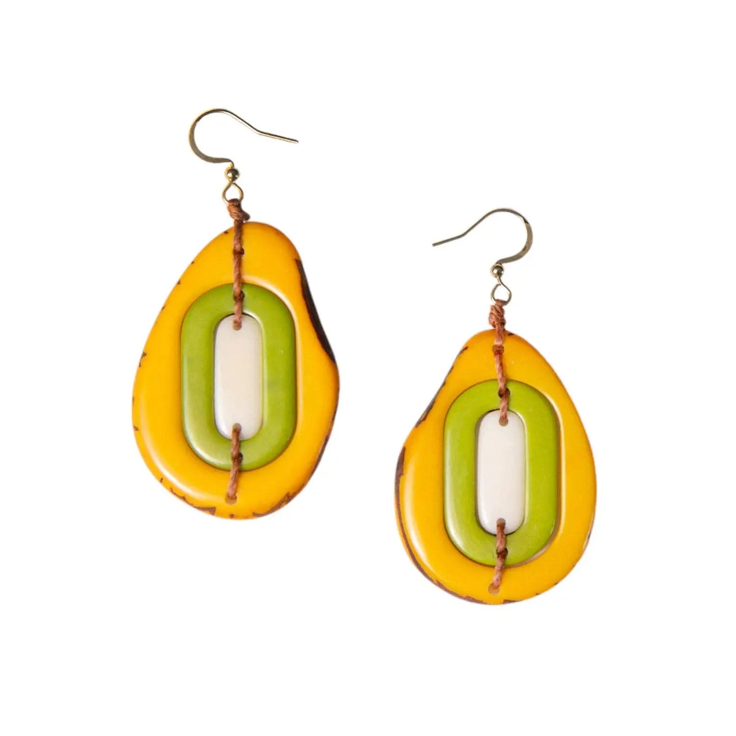 Vibrant yellow and lime green layered yoli earrings with a white oval center made from tagua nut resin