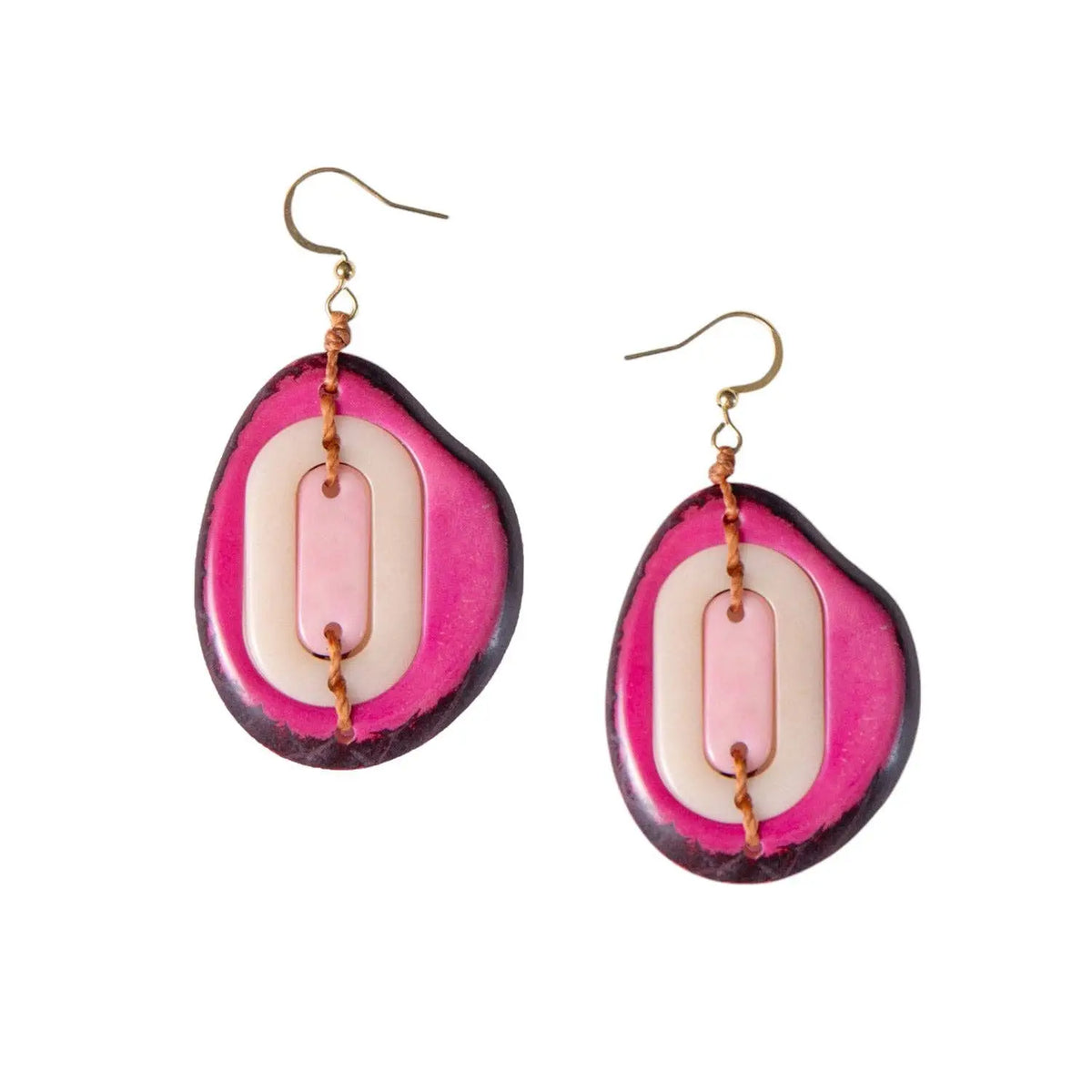 Vibrant pink and cream layered yoli earrings with dark rim and gold hooks in tagua nut fuchsia combo style