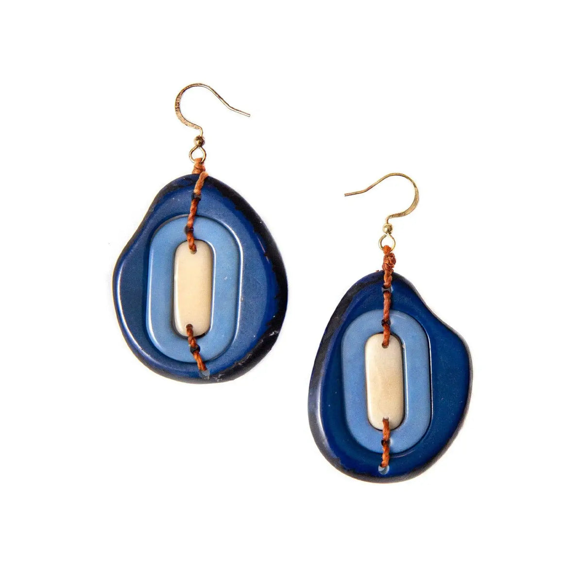 Blue and cream layered oval yoli earrings made from tagua nut with a rustic handcrafted royal blue design